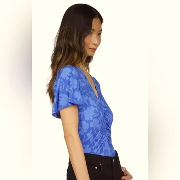 NWT [MICHAEL Michael Kors] Printed Ruched Top in Grecian Blue Women’s Petite XS - Picture 5 of 13